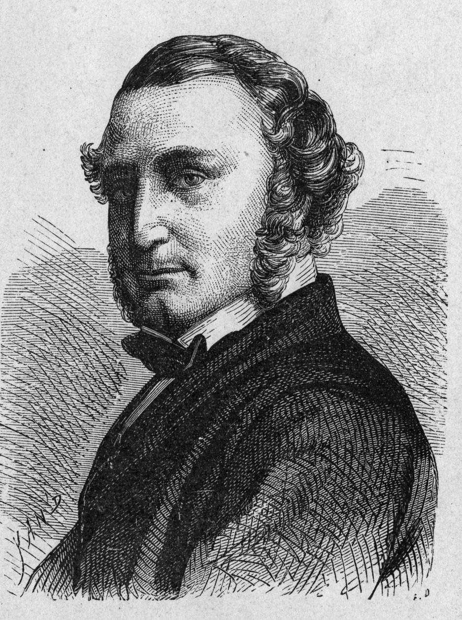 Portret Thomasa Russella Cramptona (1816 - 1888), brytyjskiego inżyniera: zaprojektował lokomotywę dużych prędkości, zbudował berlińską sieć hydrauliczną i brał udział w ustanowieniu kabla podmorskiego między Calais i Douvres – w „Albumie nauki; zilustrowa autorstwa French School