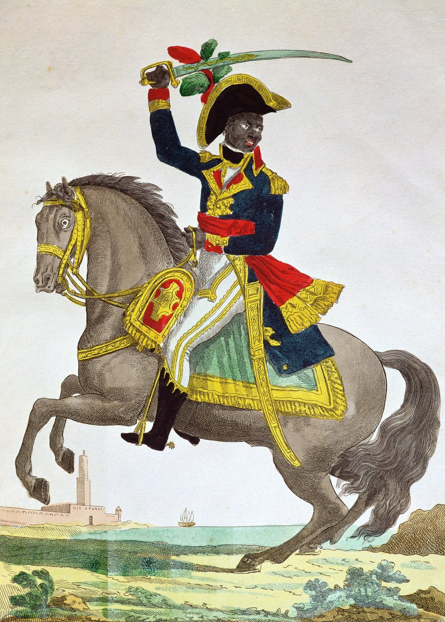Portret Toussaint Louverture (1743-1803) na koniu, początek XIX wieku (kolorowe grawerowanie) autorstwa French School