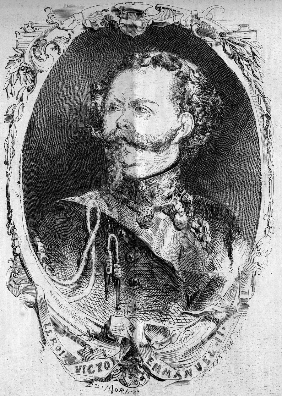 Portret Wiktora Emanuela II (Vittorio Emanuele) (Victor-Emmanuel) (1820-1878), króla Sardynii i przyszłego króla Włoch. Grawer w „Le Monde Illustré” nr 95 z dnia 5 lutego 1859 r. autorstwa French School