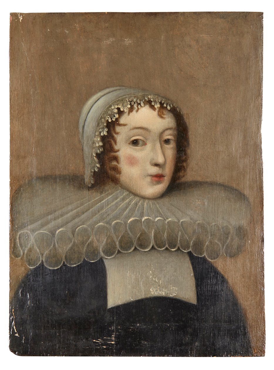 Portret damy z kryzą (olej na panelu) autorstwa French School