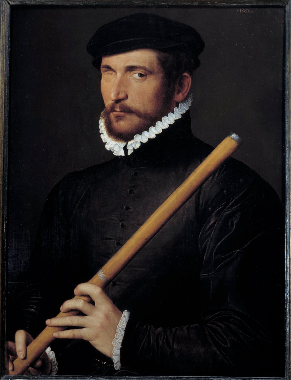 Portret niewidomego flecistka Malarstwo Ecole francaise. 1566 niedz. 0,62x0,5 m - Portret jednookiej flecistki. Francuskie malarstwo szkolne. 1566. 0,62 x 0,5 m. Luwr, Paryż autorstwa French School