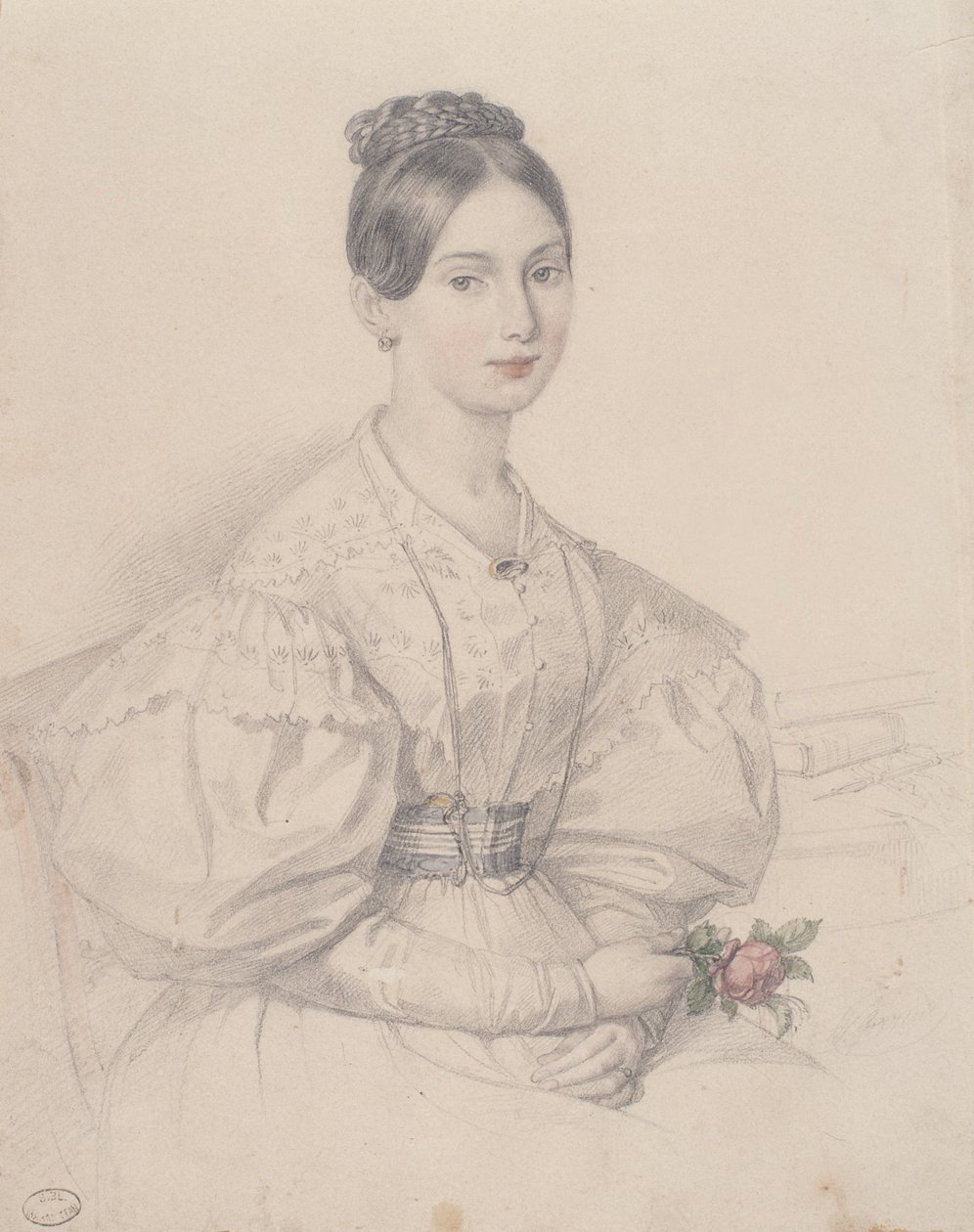 Portret młodej kobiety (ołówek z kolorami na papierze) autorstwa French School