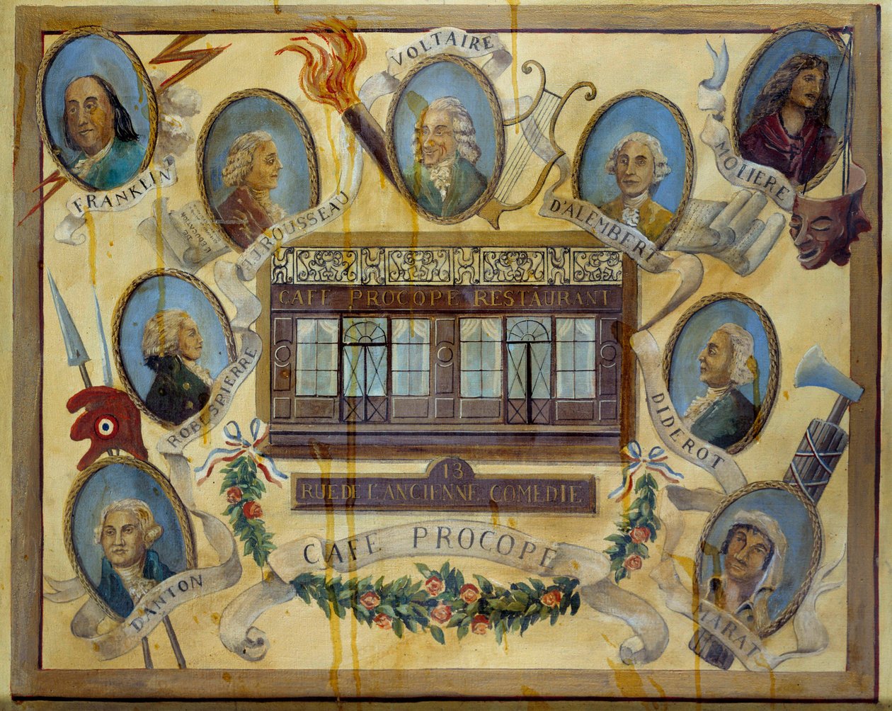 Portrety postaci historycznych i widok na paryską kawiarnię Le Procope: Benjamin Franklin, Jean Jacques Rousseau, Voltaire, Jean D