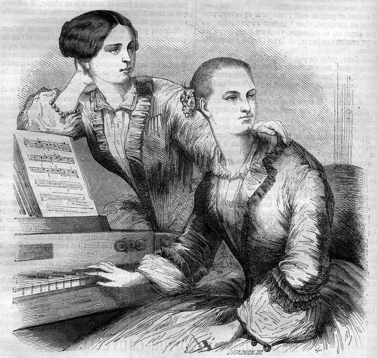 Portret sióstr Cruvelli, niemieckich tancerek. Sophie Cruvelli (Johanna Sofia Charlotte Cruwell, j.m.) (1826-1907) i Marie Cruvelli (Friederike Marie Cruwell, j.m.) (1824-1868). Grawerowanie z 1852 roku. autorstwa French School
