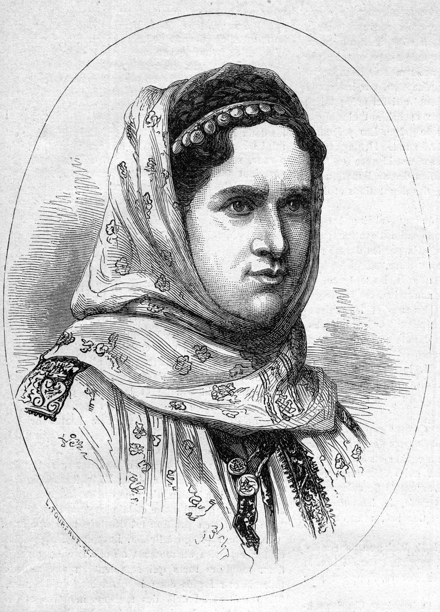 Portret księżnej Rumunii Elisabeth Pauline Ottilie Louise de Wied (1839-1914), żony przyszłego króla Karola I (Carol I) Rumunii. Grawer w „Le Monde Illustré” nr 1054 z 23 czerwca 1877 r. autorstwa French School