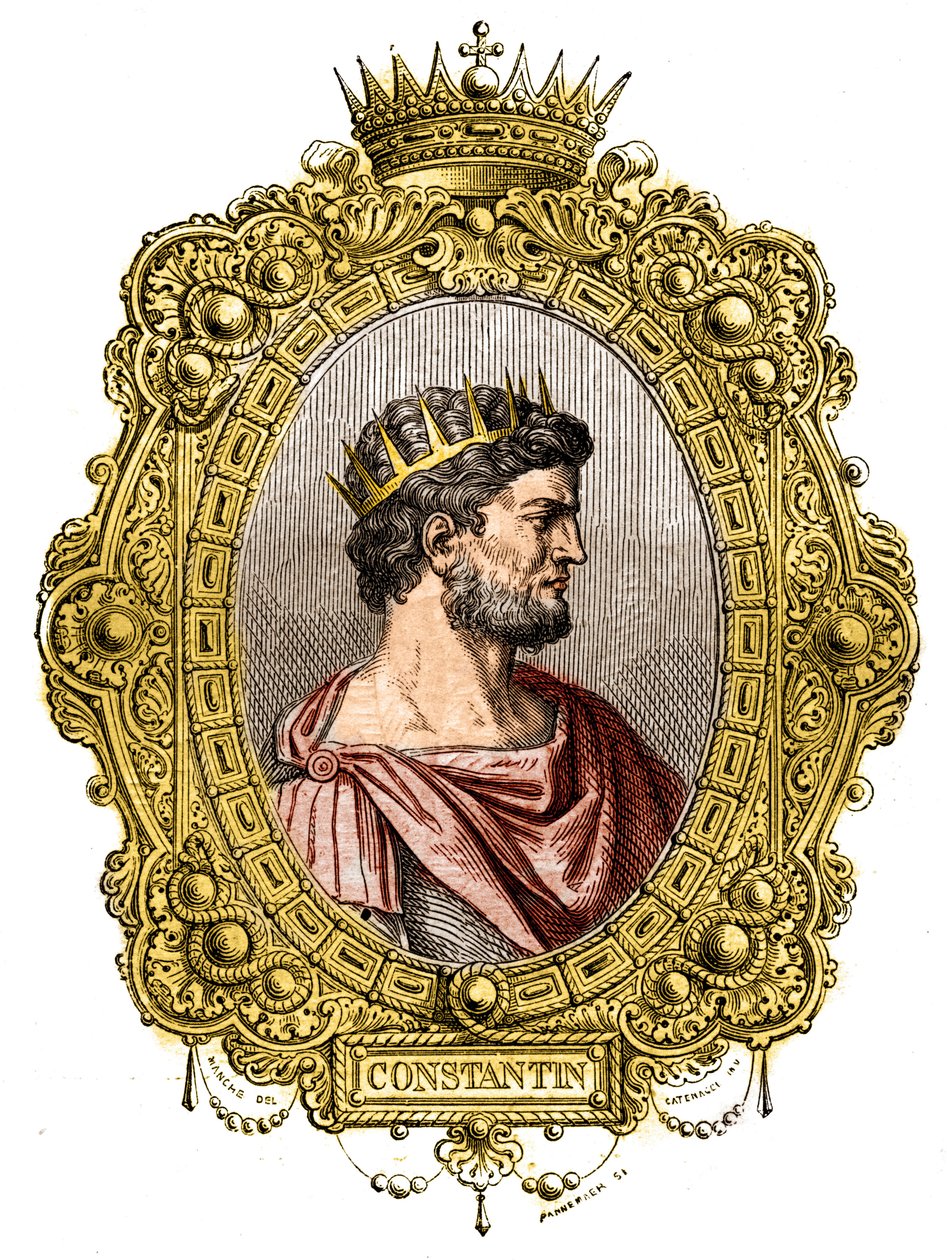 Portret cesarza rzymskiego Konstantyna I Wielkiego (274-337). Grawer w „Historii papieży-królów-królowych i cesarzy na przestrzeni wieków”” Maurice Lachatre autorstwa French School