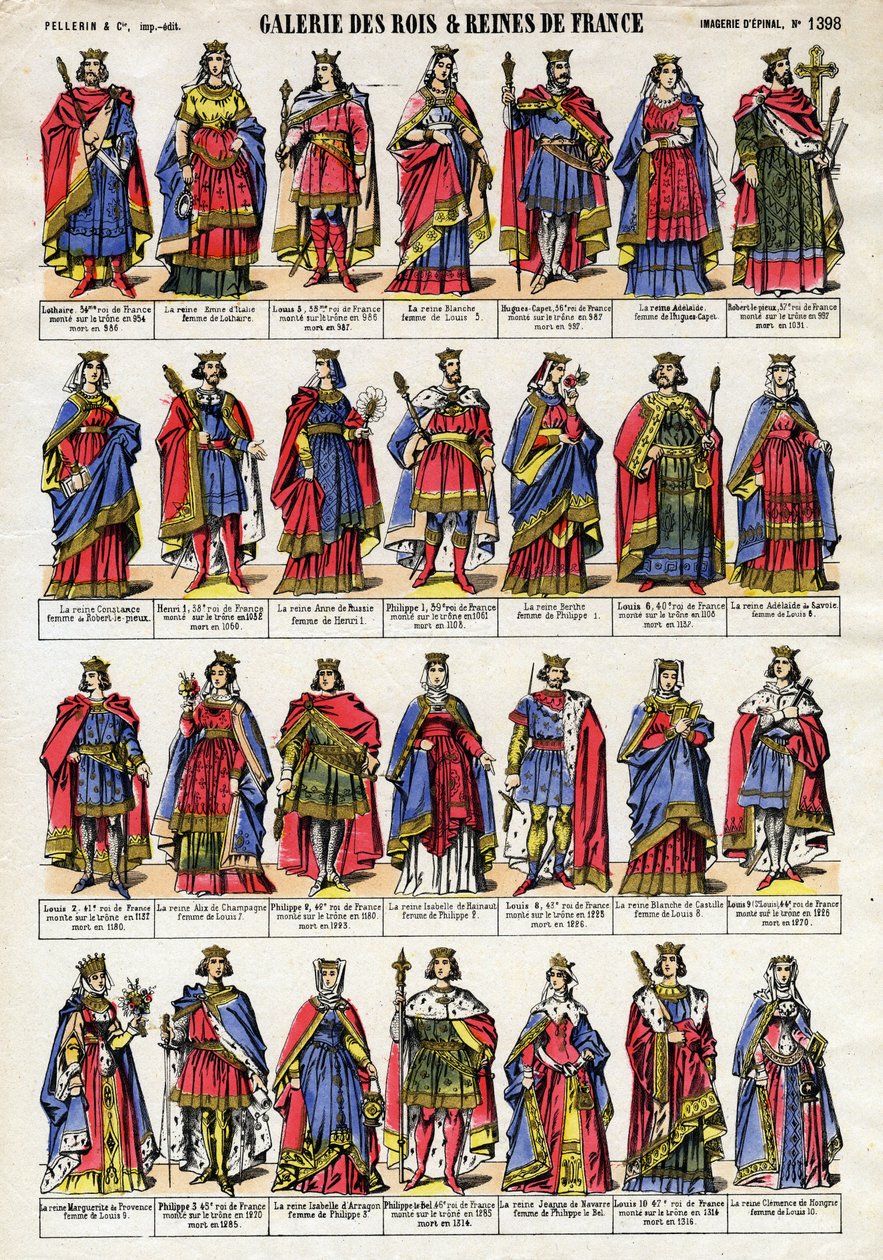 Portret królów i królowych Francji z dynastii Kapetynów (dynastia Kapetyńska) od Lothaire (941-986) do Ludwika X Hutin (1289-1316). Obrazowanie epinal z końca XIX wieku. Prywatna kolekcja. autorstwa French School