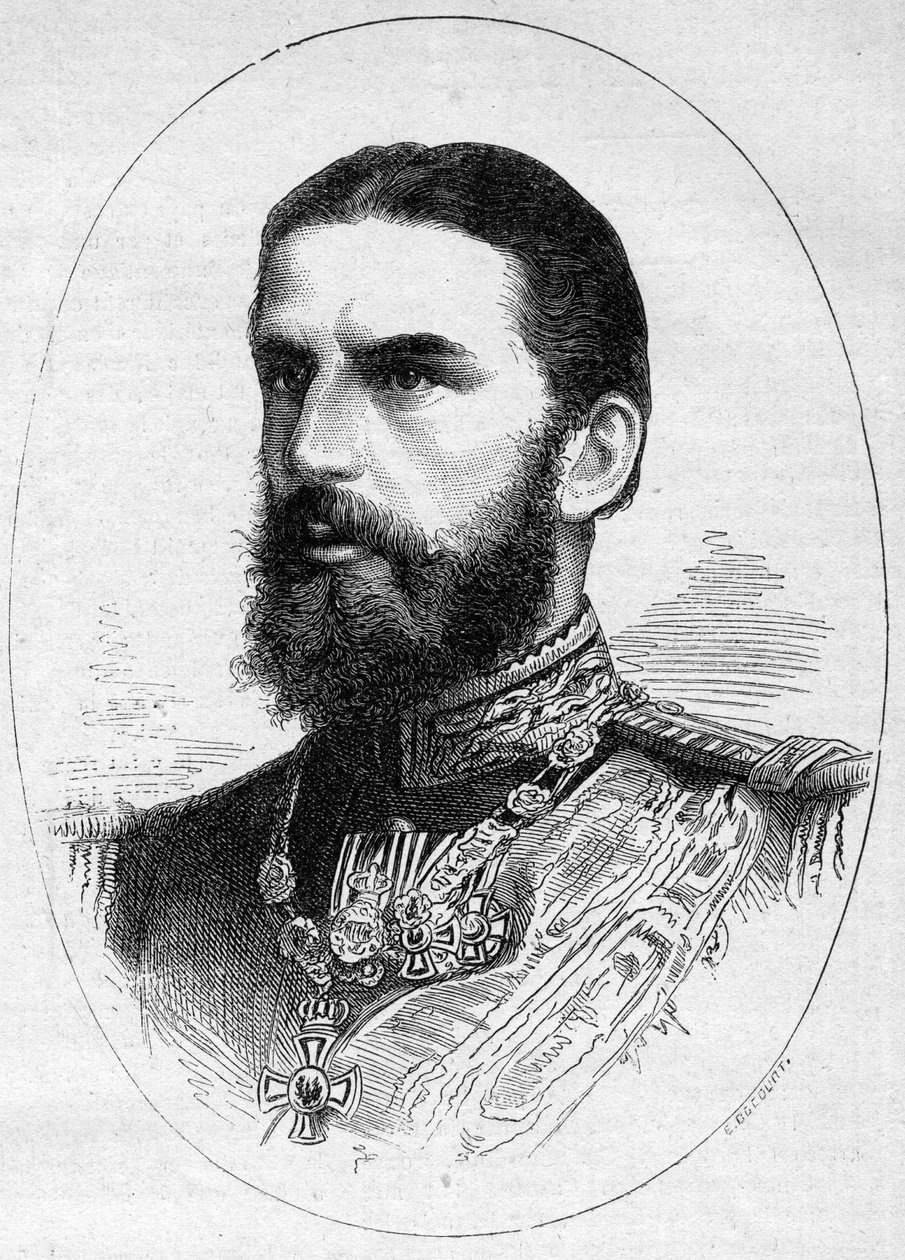 Portret księcia Rumunii Karola de Hoenzolern Sigmaringer (1839-1914), przyszłego króla pod imieniem Karol I (Karol I). Grawer w „Le Monde Illustré” nr 1054 z 23 czerwca 1877 r. autorstwa French School