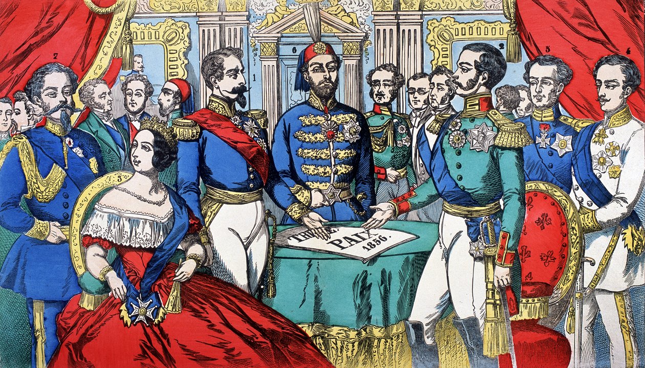 Portret władców Europy podczas traktatu pokojowego w 1856 r.: od lewej do prawej, Wiktor Emanuel II (Wiktor Emanuel) (Vittorio Emanuele), król Sardynii, Wiktoria, królowa Anglii, Napoleon III, cesarz turecki, Aleksander II, król Rosji, F autorstwa French School