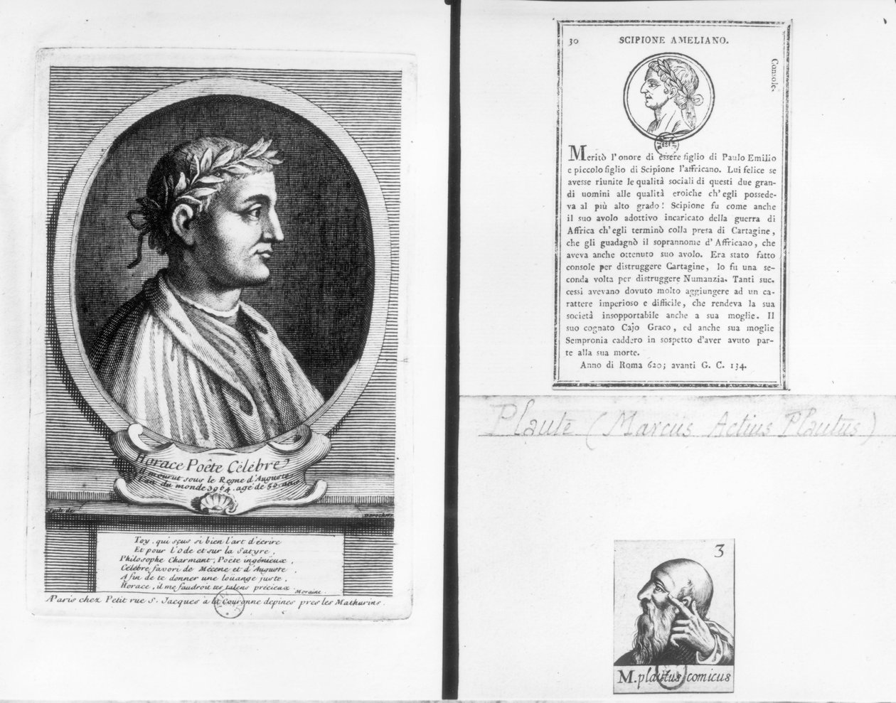 Portrety Horacego (65-8 pne) Scipio Aemilianus (Africanus Minor) (185-129 pne) i Plauta (ok. 254-184 pne) autorstwa French School