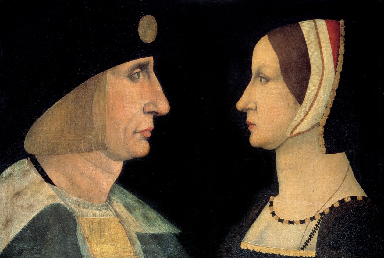 Portrety króla Ludwika XII (1462-1515) i Anny Bretanii (1477-1514) Królowej Francji Malarstwo anonimowe. 16 wiek. Słońce. 0,31x0,49 m Chantilly, musee Conde. - Portrety króla Ludwika XII (1462-1515) i Anny Bretanii (1477-1514), królowej Francji. autorstwa French School