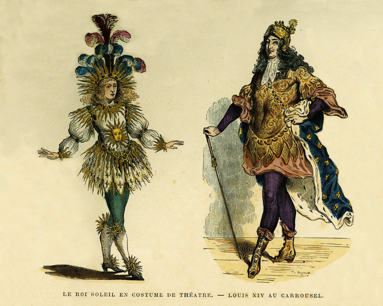Portrety króla Ludwika XIV (1638-1715), w stroju teatralnym i karuzeli. Grawerowanie kolorem, w „France et les francais a travers les Century” Augustina Challamela, redaktora F.Roya, Paryż 1882. Kolekcja Selva. autorstwa French School