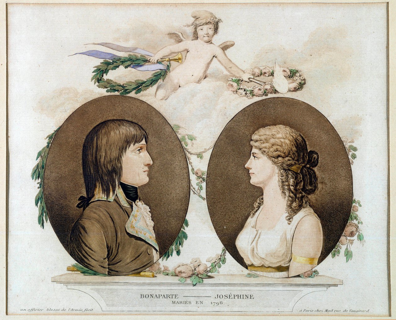 Portrety Napoleona Bonaparte (1769-1821) i Josephine de Beauharnais (1763-1814) pobrali się w 1796”” Anonimowa akwarela około 1800 roku. Słońce 0,21x0,23 m Malmaison, musee du chateau autorstwa French School