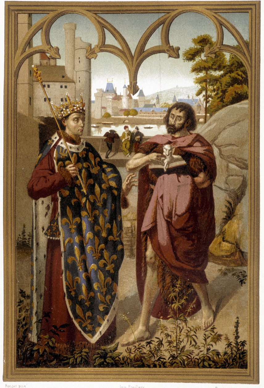 Portrety św. Ludwika i św. Jana Chrzciciela - reprodukcja. po fragmencie ołtarza przypisywanym Van Eyckowi, w „Kronikarzach historii Francji od początków do XVI wieku” Mme de Witt, Paryż autorstwa French School