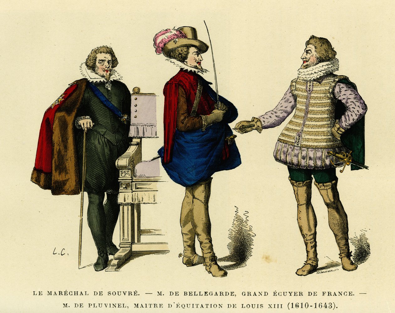 Portrety marechala z Souvre (zm. 1626), Rogera de Saint Lary, księcia Bellegarde (1562-1646), Grand Ecuyer Francji i Antoine de Pluvinel (1556-1605), mistrza jazdy konnej Ludwika XIII (1610-1643). Kolorowa rycina w "France et les franc autorstwa French School