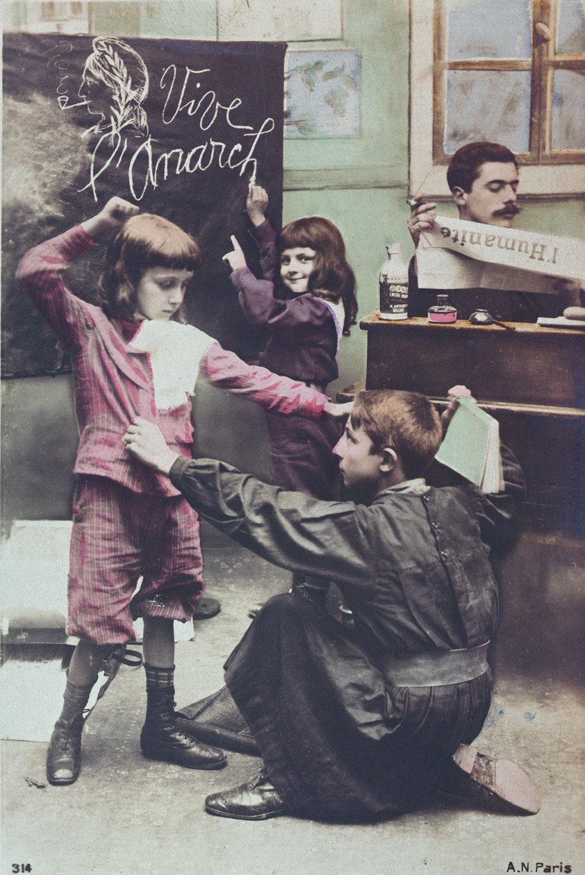 Pocztówka krytykująca świecki system edukacji, ok. 1910 autorstwa French School