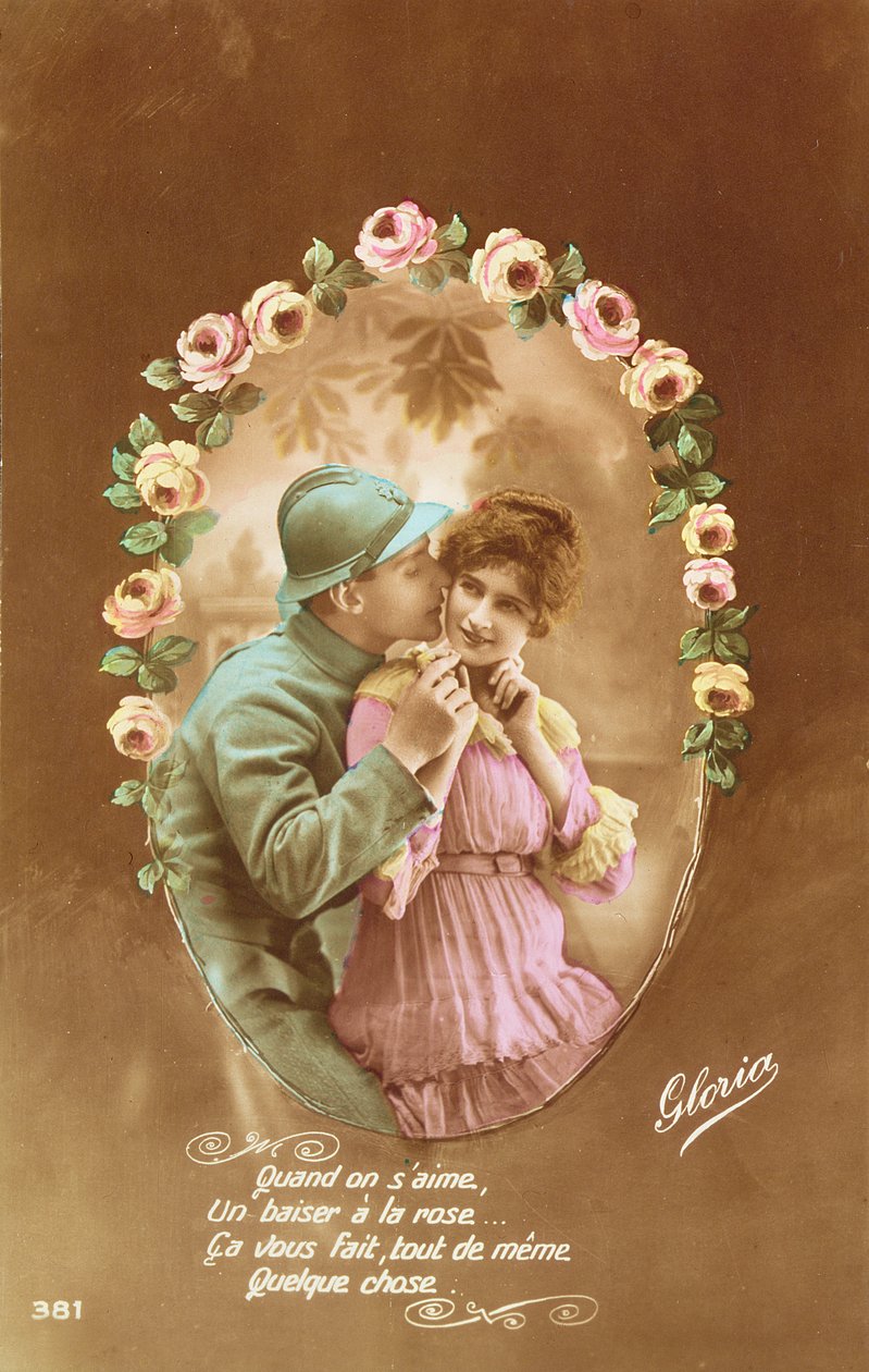 Pocztówka przedstawiająca żołnierza francuskiego i jego kochankę, 1914-18 (zdjęcie kolorowe) autorstwa French School