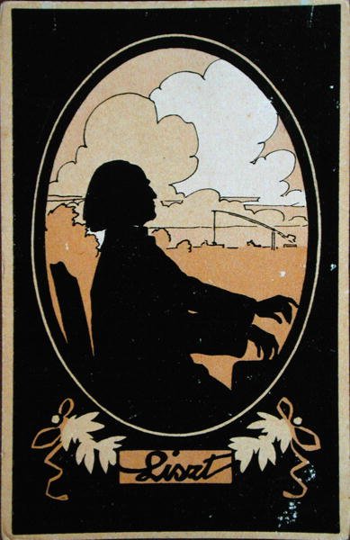 Pocztówka Franciszka Liszta (1811-86) z węgierską wsią w tle, ok. 1910 (kolor lito) autorstwa French School