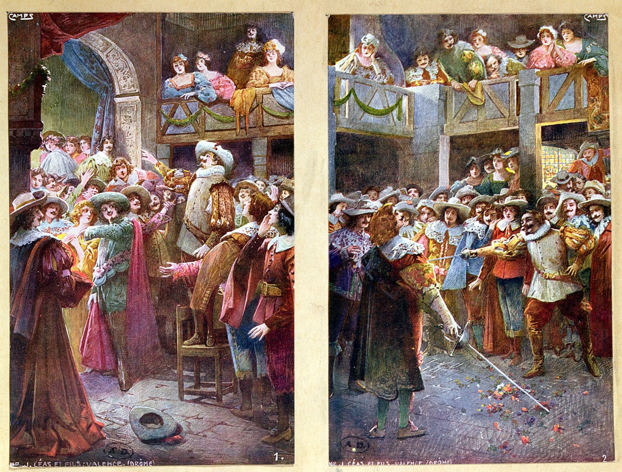 Pocztówki przedstawiające Cyrano de Bergerac i pojedynek w Hotel de Bourgogne, ok. 1900 autorstwa French School