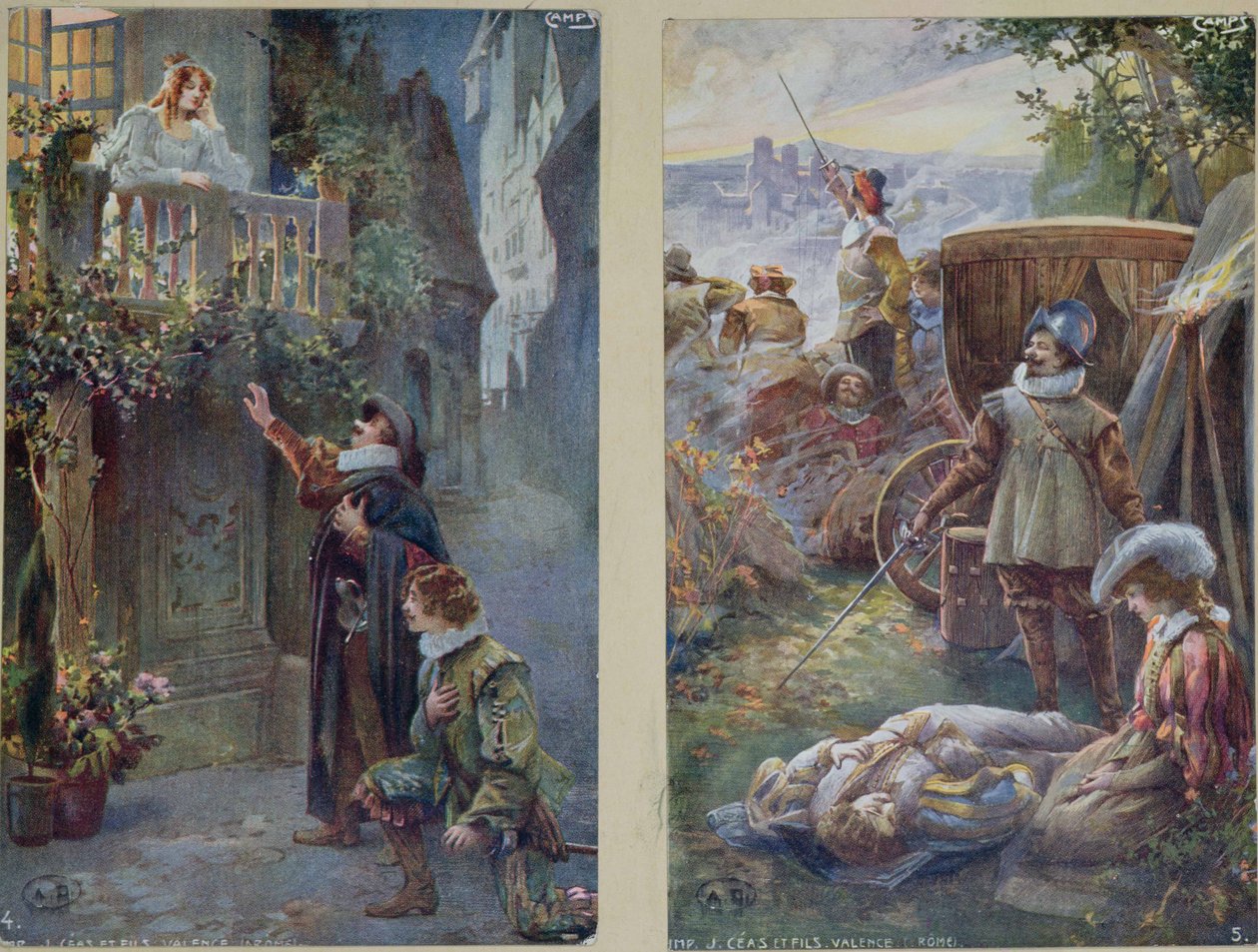 Pocztówki przedstawiające Cyrano de Bergerac z Roxanne i śmiercią chrześcijanina, ok. 1900 autorstwa French School