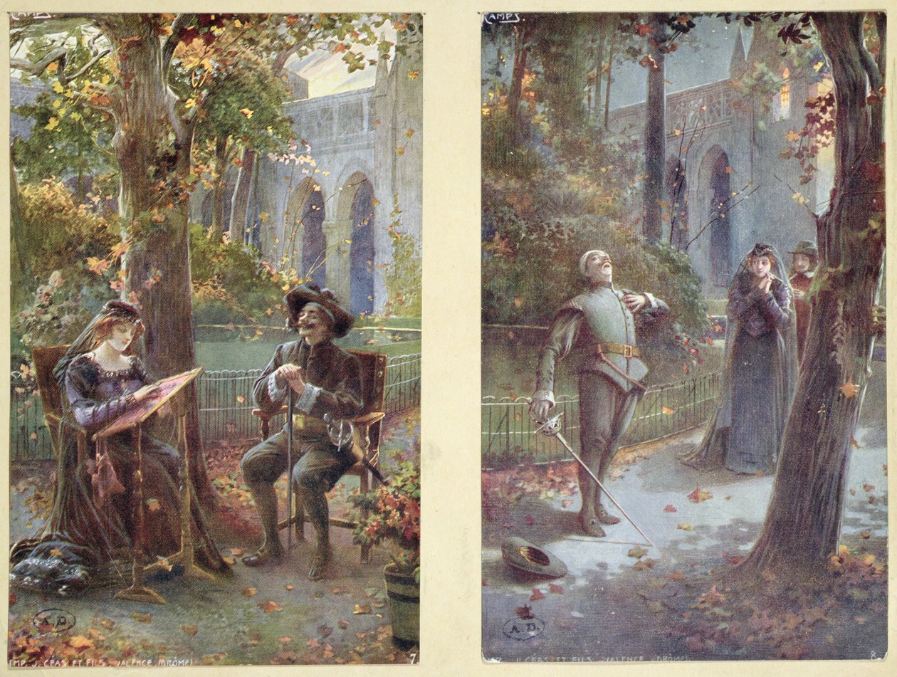Pocztówki przedstawiające Cyrano de Bergerac z Roxanne, ok. 1900 autorstwa French School