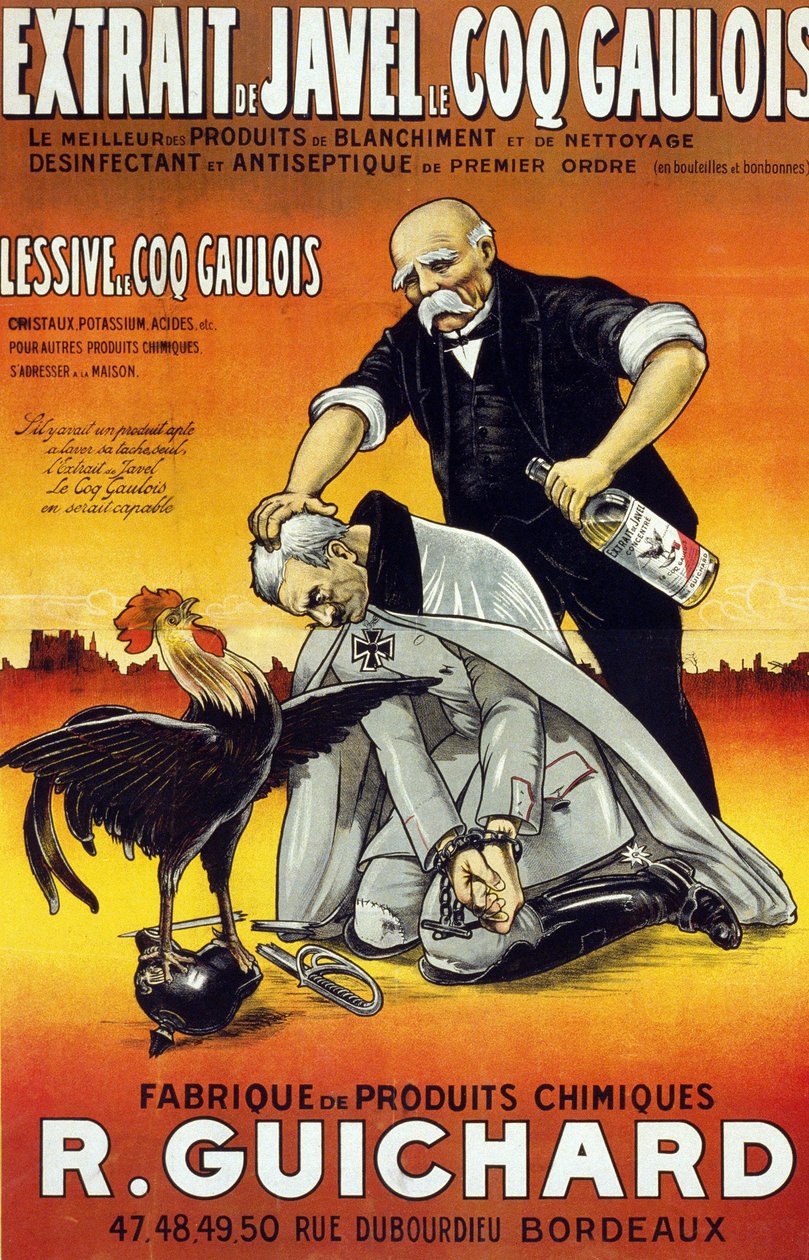 Plakat „” Ekstrakt wybielacza Le Coq Gaulois – najlepsze środki wybielające i czyszczące – środek dezynfekujący i antyseptyczny pierwszego rzędu (w butelkach i butelkach) – Manufacture de produits chimiques René Guichard”” wydany w Bordeaux w 1917 roku. autorstwa French School