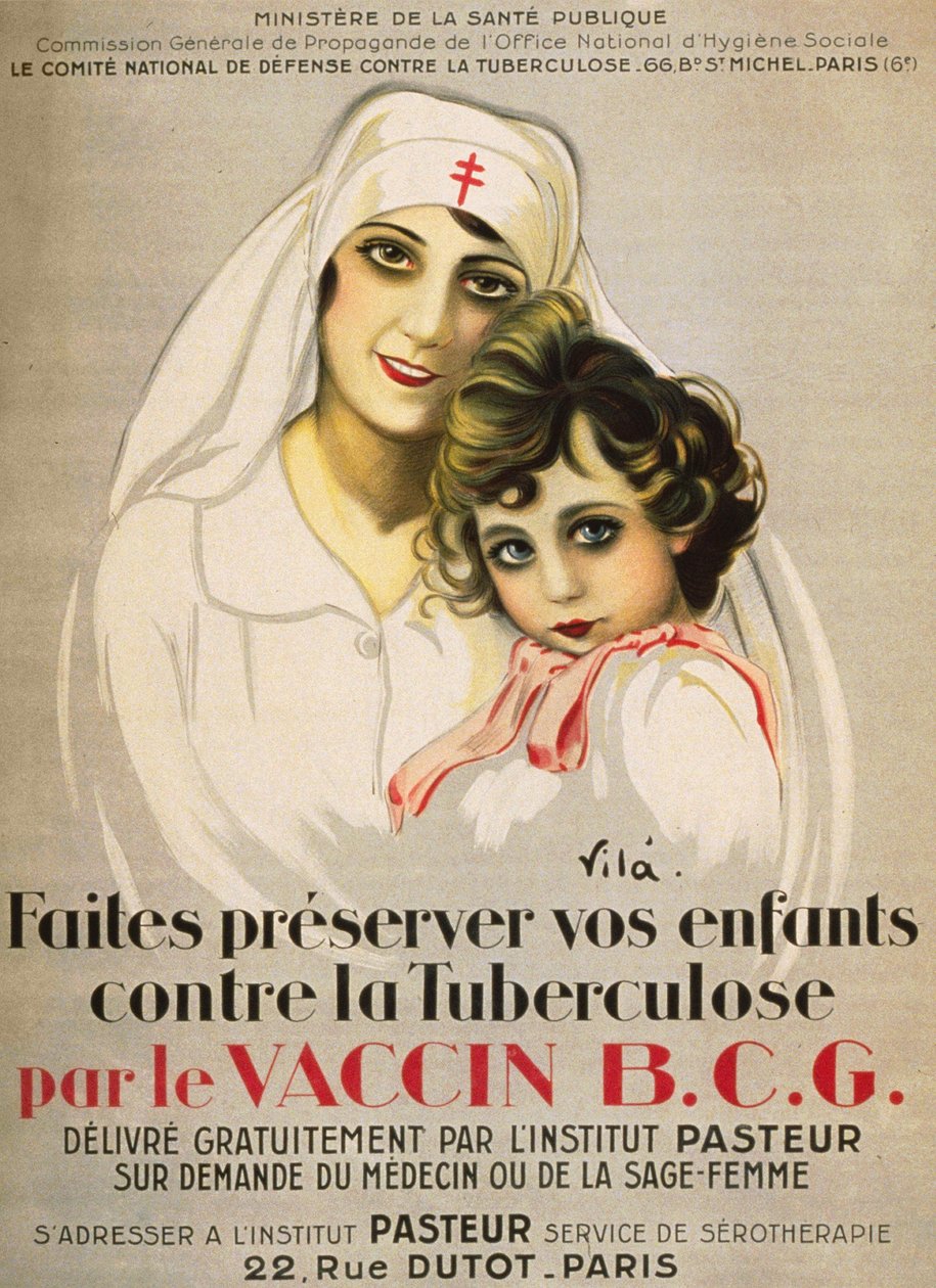 Plakat „” Chroń swoje dzieci przed Gruźlicą przez B.C.G. Szczepionka wydana bezpłatnie przez Instytut Pasteura na wniosek lekarza lub położnej””, Vilà 1917 autorstwa French School