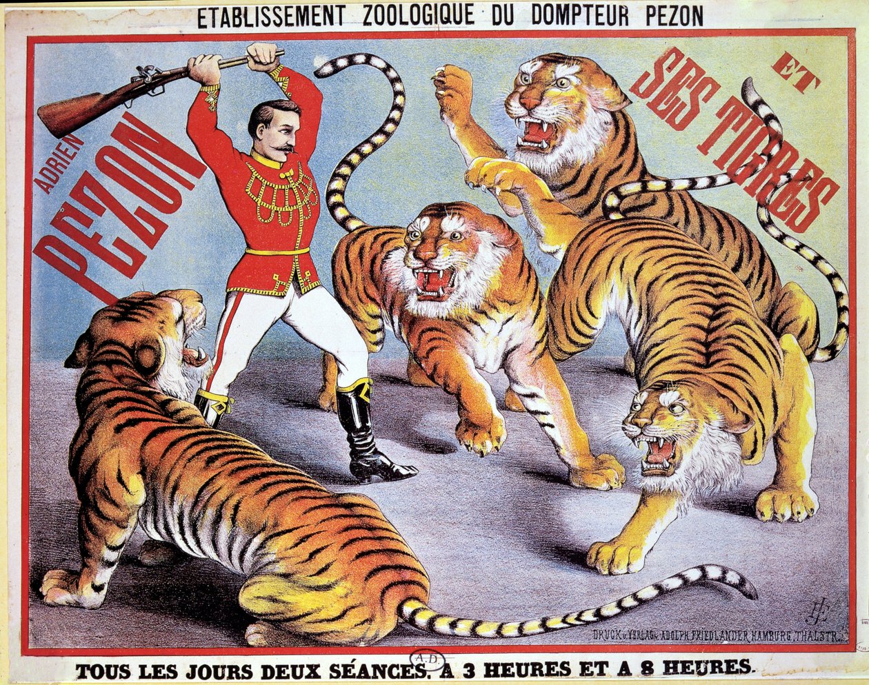 Plakat reklamujący Adriena Pezona i jego Tygrysy, ok. 1897 r. autorstwa French School