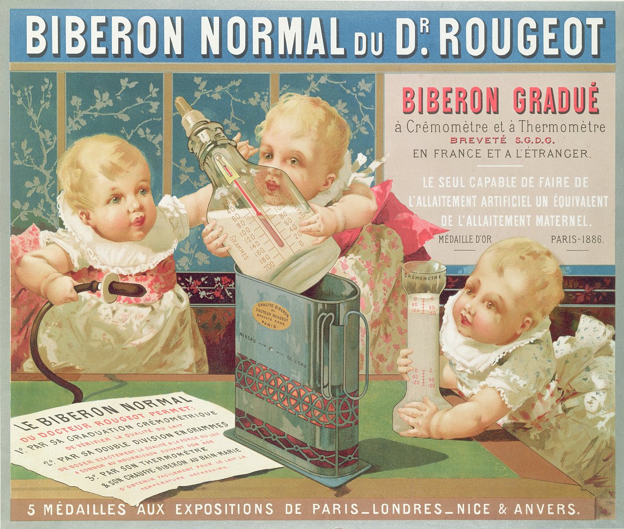 Plakat reklamujący butelkę z podziałką zaprojektowaną przez dr Rougeota, 1887 autorstwa French School