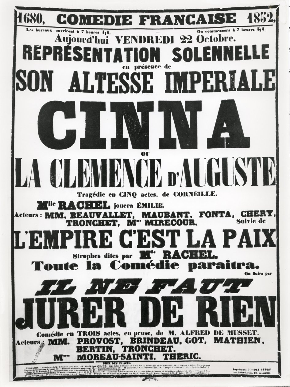 Plakat reklamujący występ w Comédie-Française 22 października 1852 r., przedstawiający tragedię Corneillesa, Cinna, po którym następuje recital wiersza LEmpire Cest La Paix i występ Alfreda de Musse autorstwa French School
