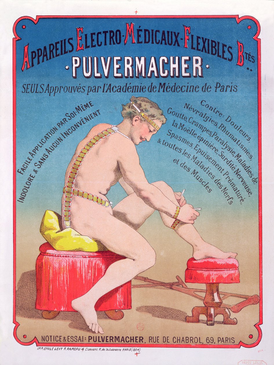 Plakat reklamujący elektro-medyczną maszynę do masażu i stymulacji ciała Pulvermacher, 1884 autorstwa French School