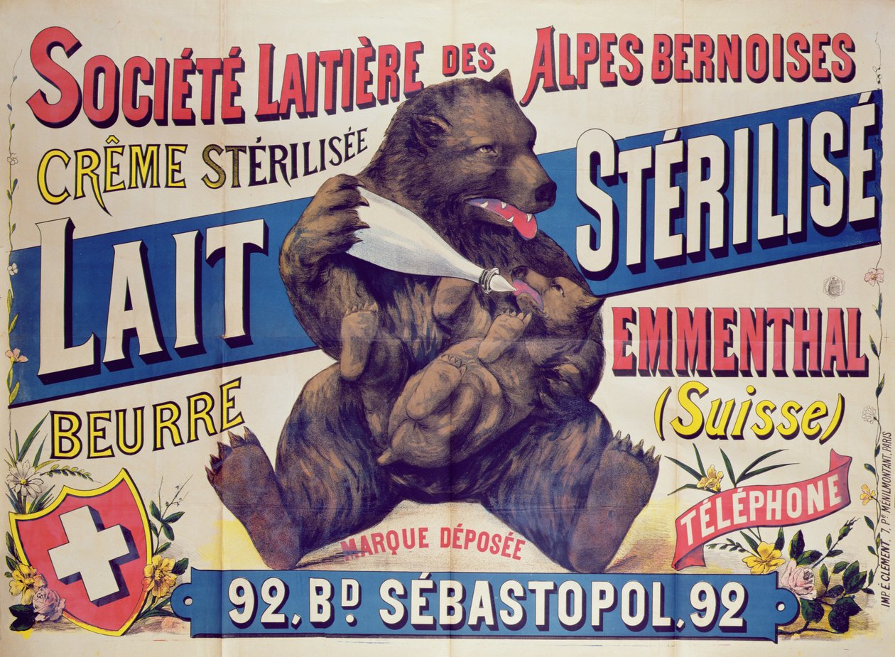 Plakat reklamujący mleko sterylizowane, masło i ser Emmenthal z Societe Laitiere des Alpes Bernoises, 1895-1900 autorstwa French School