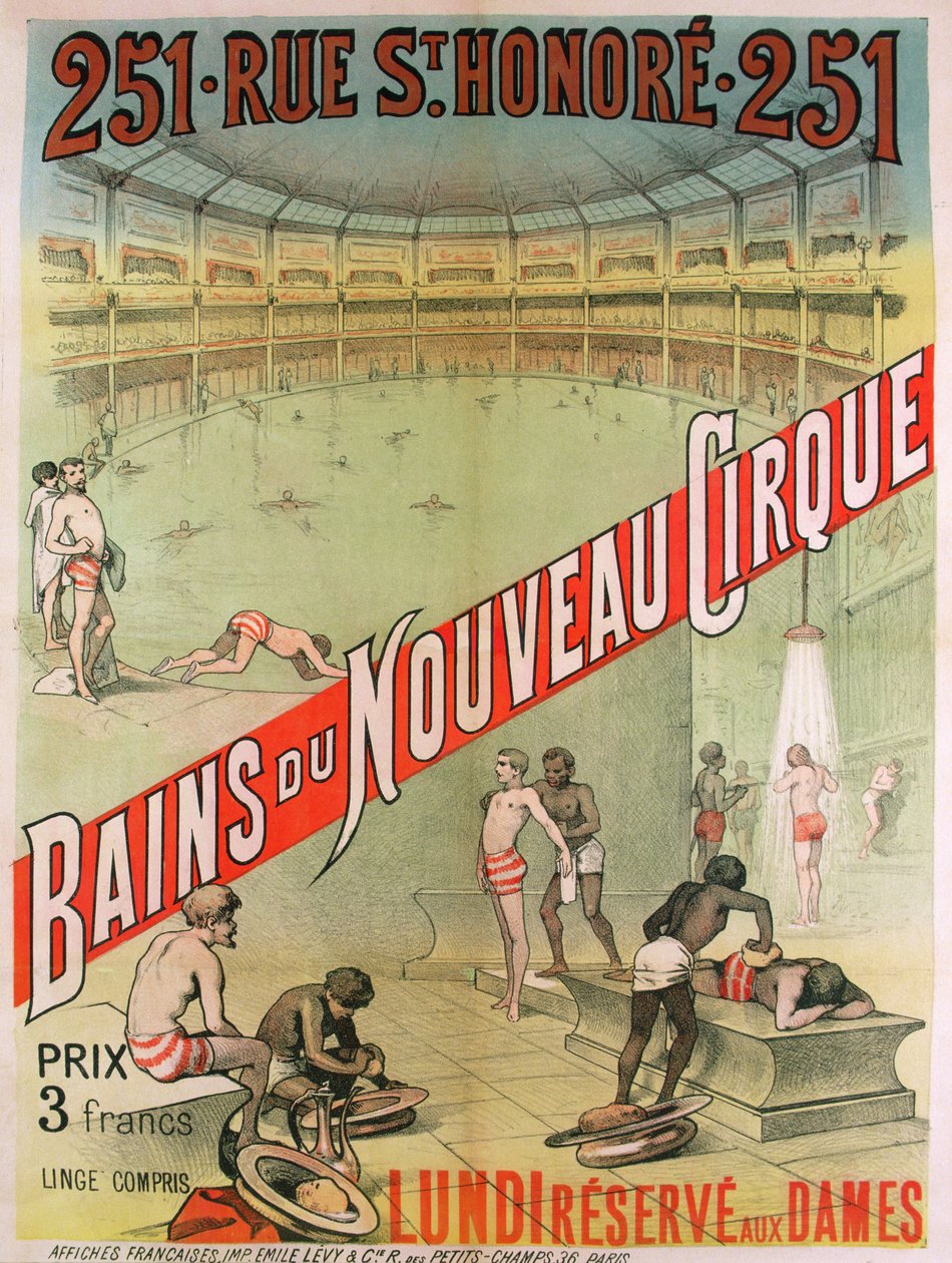 Plakat reklamujący "Bains du Nouveau Cirque", 251 rue St. Honoré, Paryż, koniec XIX wieku (litografia barwna) autorstwa French School