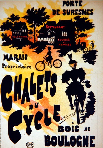Plakat reklamujący Chalets du Cycle, Bois de Boulogne, w pobliżu Porte de Suresnes autorstwa French School