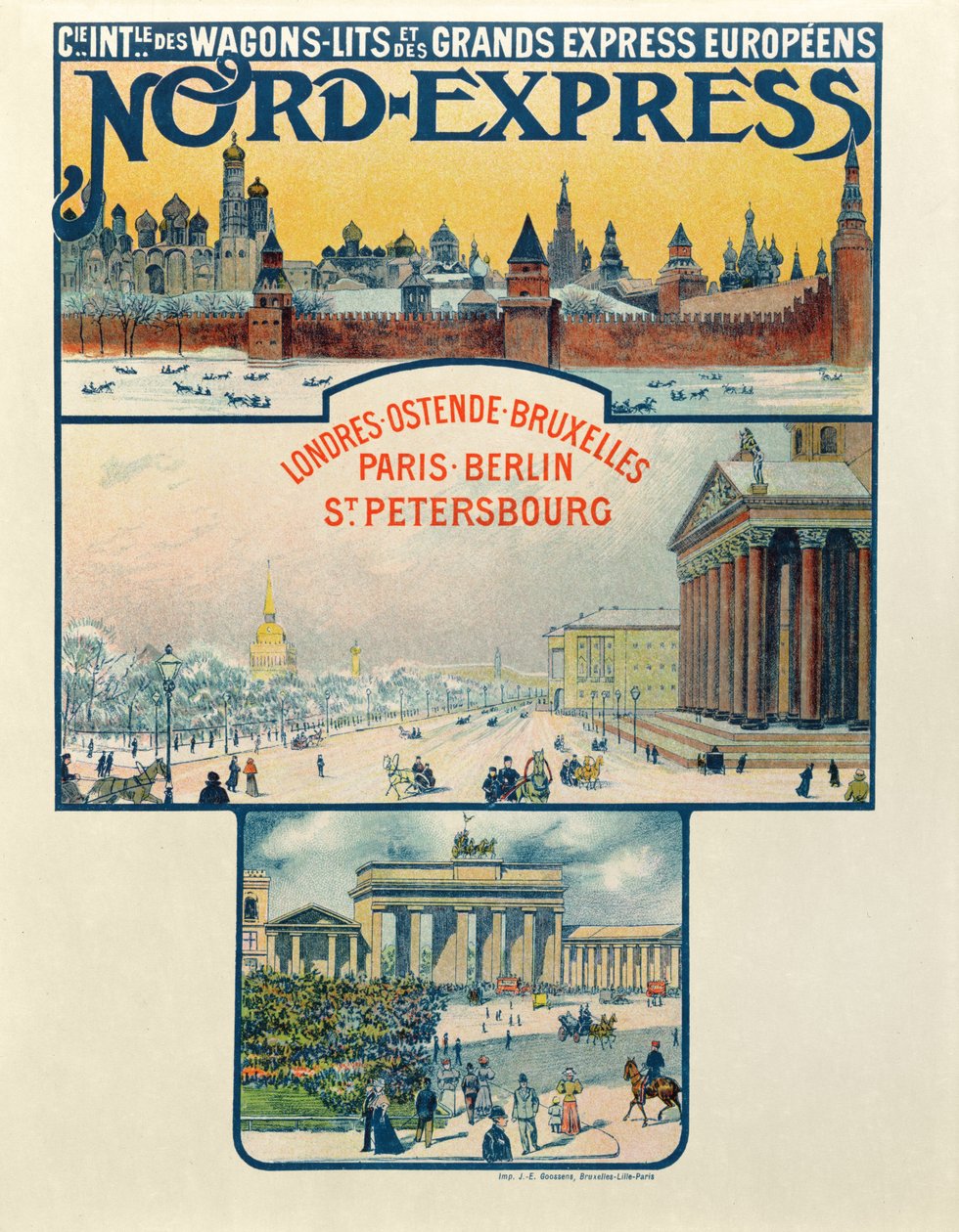 Plakat reklamujący Compagnie des Wagons-Lits et des Grands Express Europeens, od Londynu do Sankt Petersburga, początek XX wieku autorstwa French School