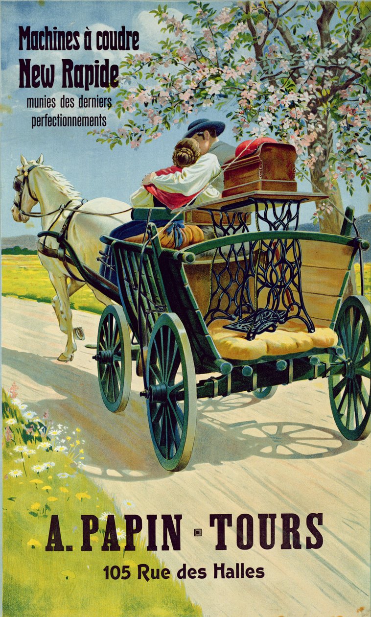 Plakat reklamujący maszyny do szycia New Rapide, A. Papin Tours, 10 rue des Halles autorstwa French School