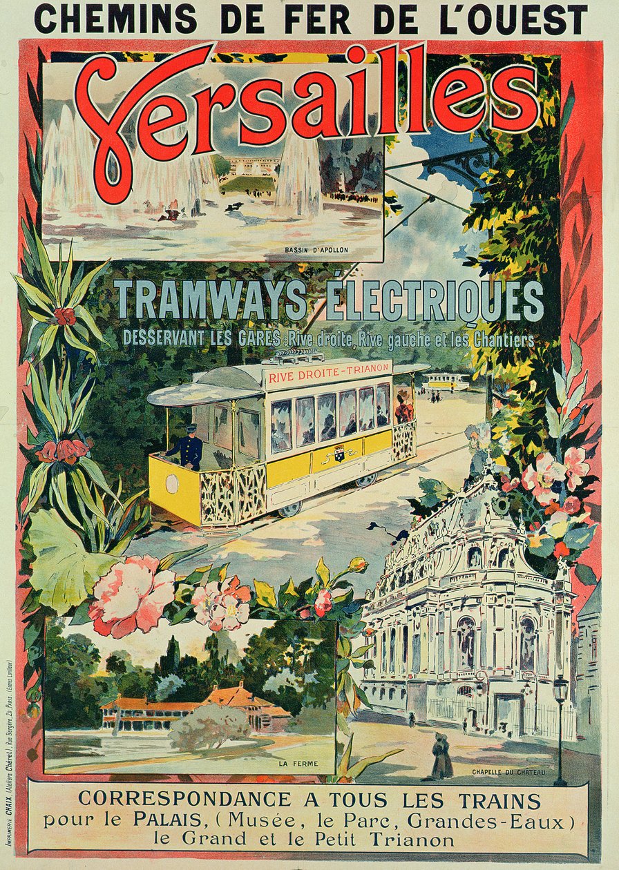 Plakat reklamujący tramwaj elektryczny w Wersalu autorstwa French School