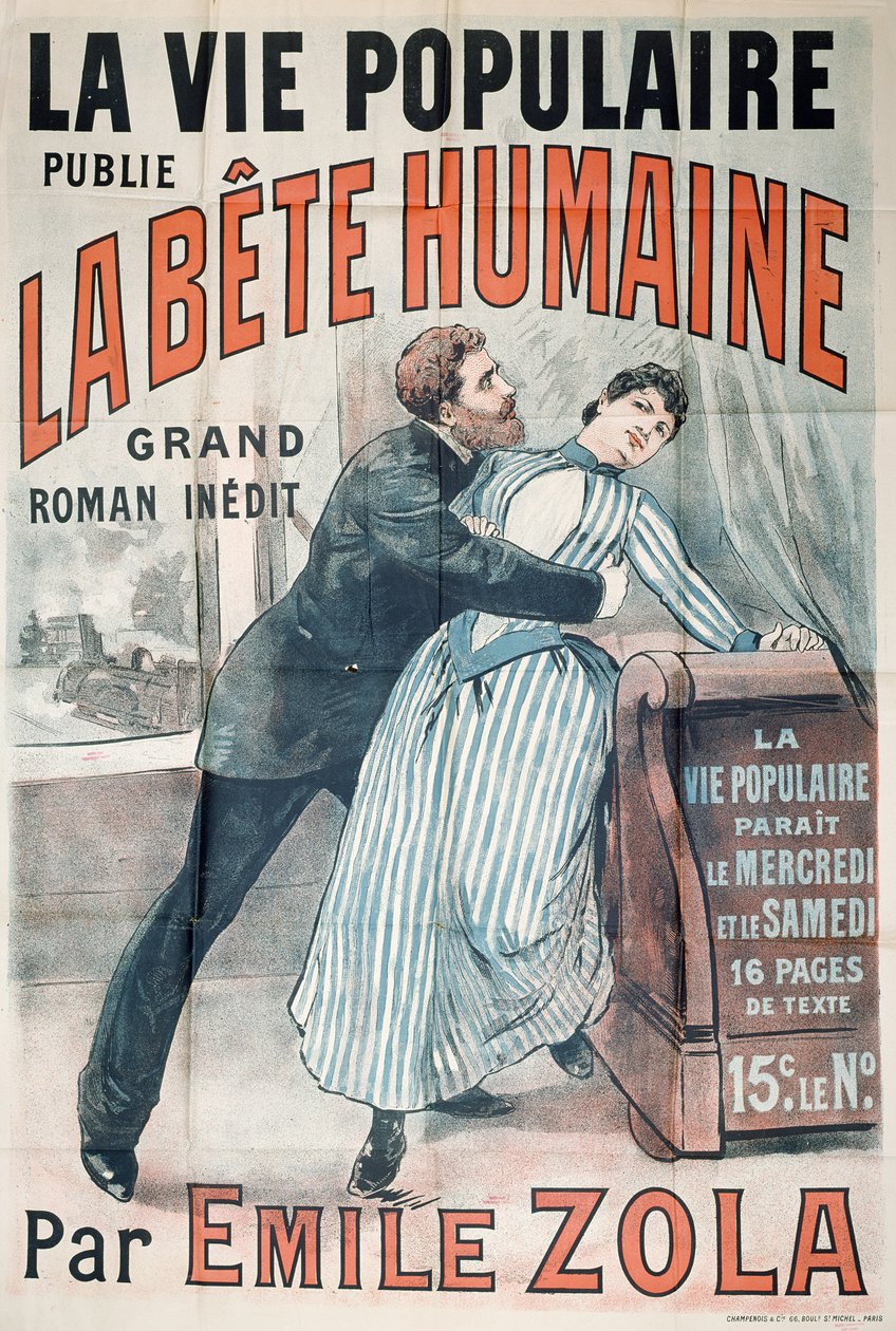Plakat reklamujący publikację La Bete Humaine autorstwa Emile Zola (1840-1902) w La Vie Populaire, c.1890 autorstwa French School