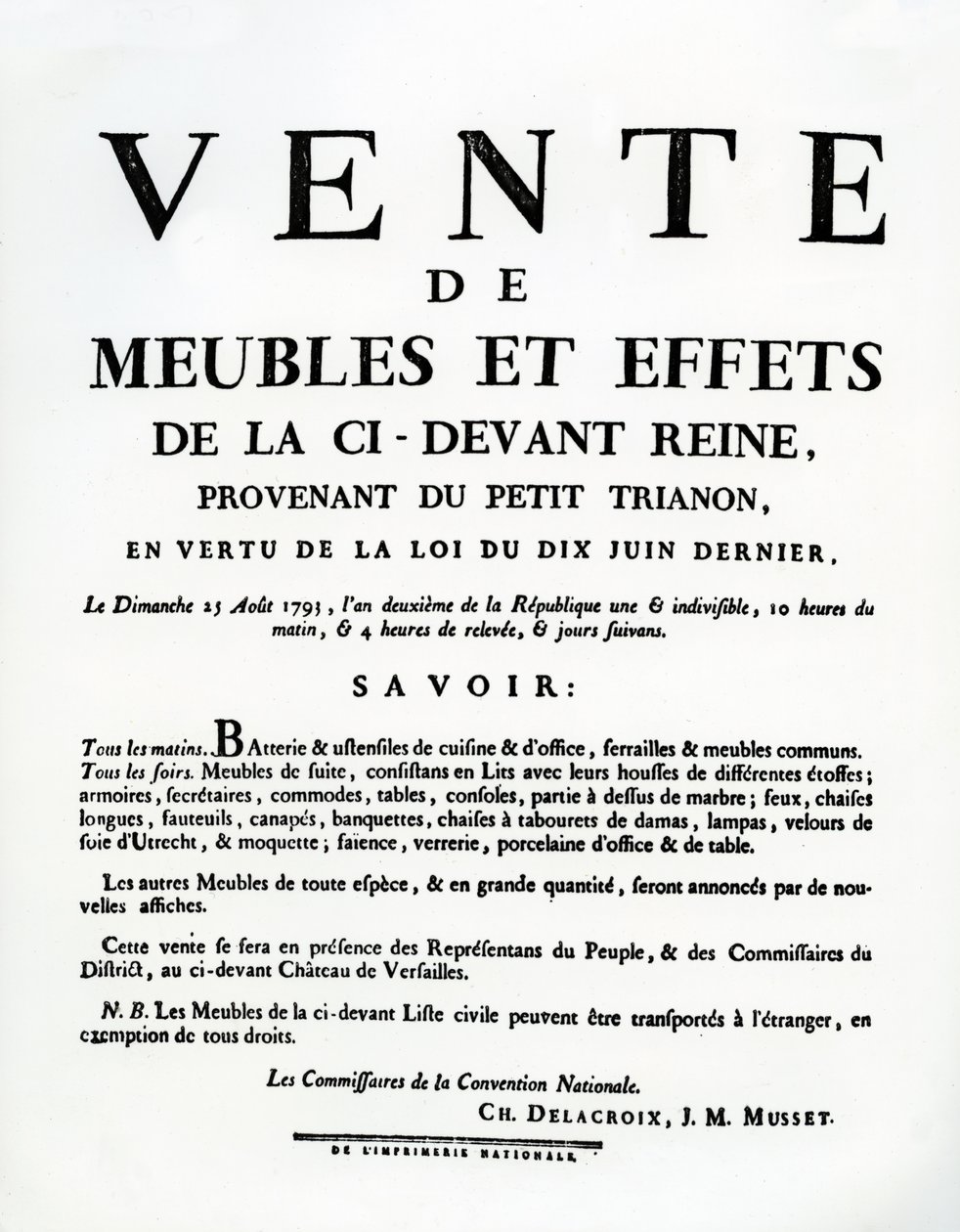 Plakat reklamujący sprzedaż mebli i przedmiotów należących do Marii Antoniny w dniu 25 sierpnia autorstwa French School