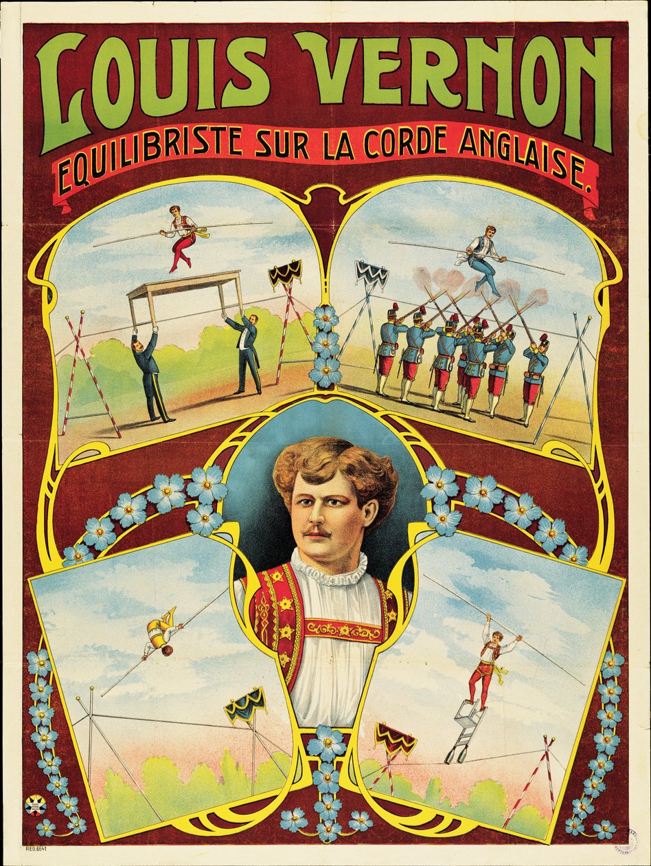 Plakat reklamujący chodzenie po linie Louisa Vernona autorstwa French School