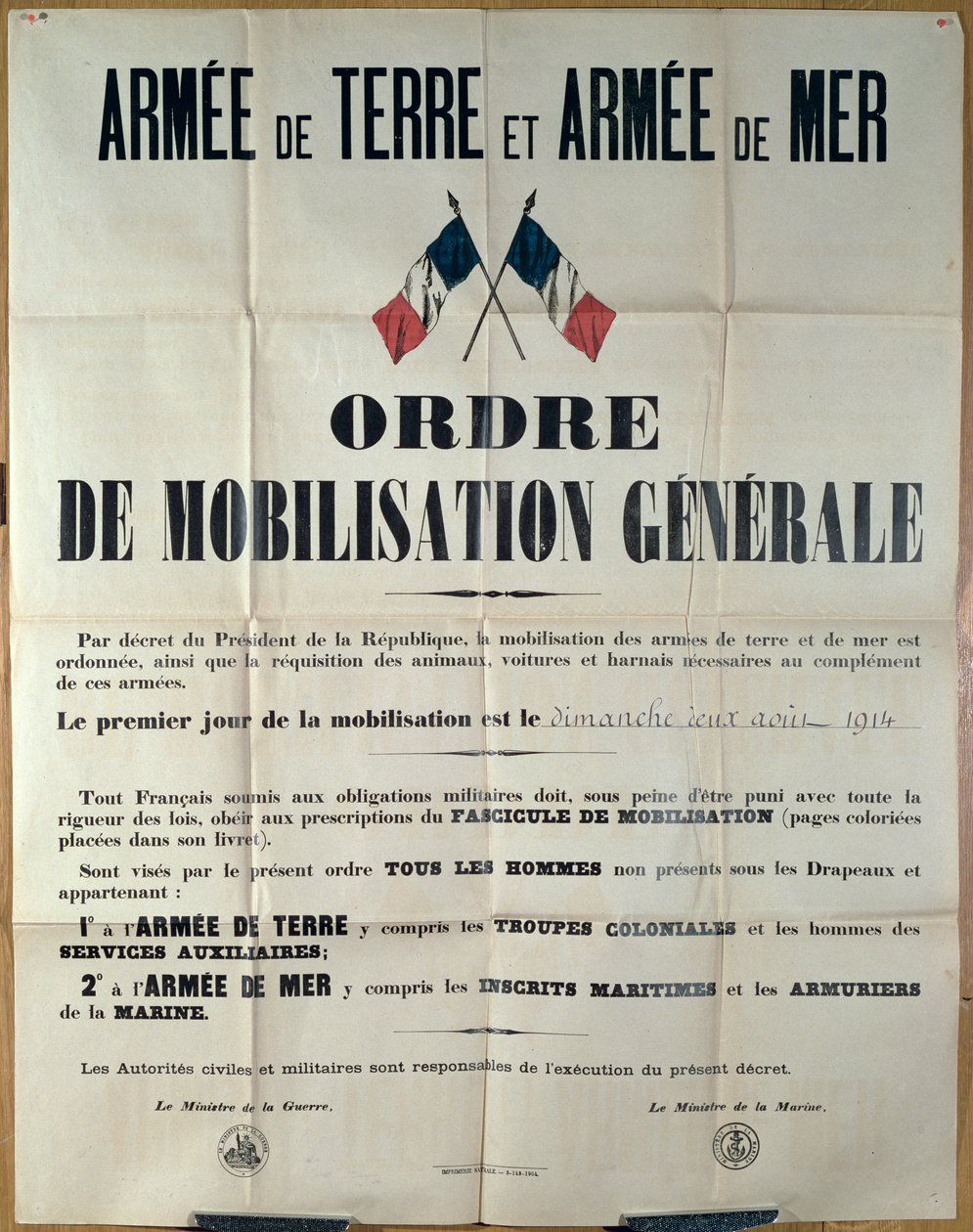 Plakat zapowiadający powszechną mobilizację we Francji, 2 sierpnia 1914 przez ministra de la Guerre et de la Marine autorstwa French School
