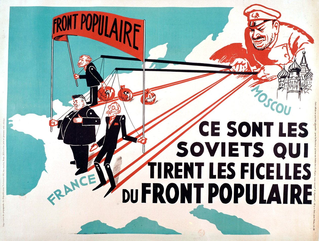 Plakat przedstawiający Edouarda Herriota i Leona Bluma jako marionetki Moskwy, ok. 1936 r. (plakat) autorstwa French School