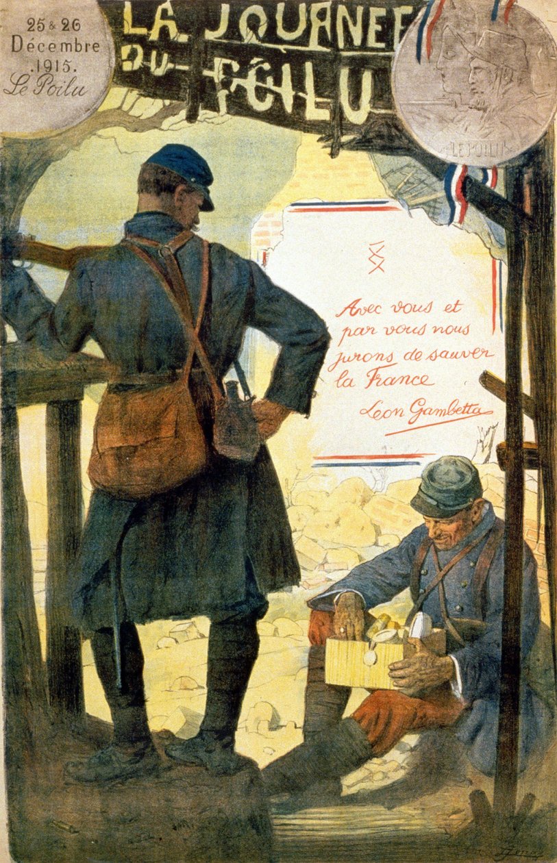 Plakat do „”La journée du poilu - 25 i 26 grudnia 1915”” z cytatem Léona Gambetty „Z tobą i przy Tobie przysięgamy ocalić Francję”. (włochaty otwierający pudełko otrzymane od rodziny). autorstwa French School