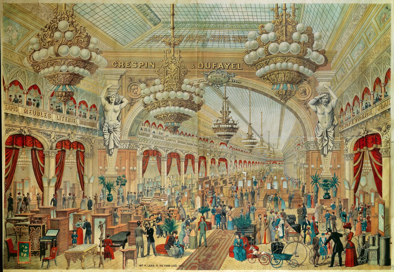 Plakat do sklepów (lub galerii) Crespin Dufayel na Boulevard Barbes w Paryżu. XIX-wieczny Paryż. Sztuka dekoracyjna autorstwa French School