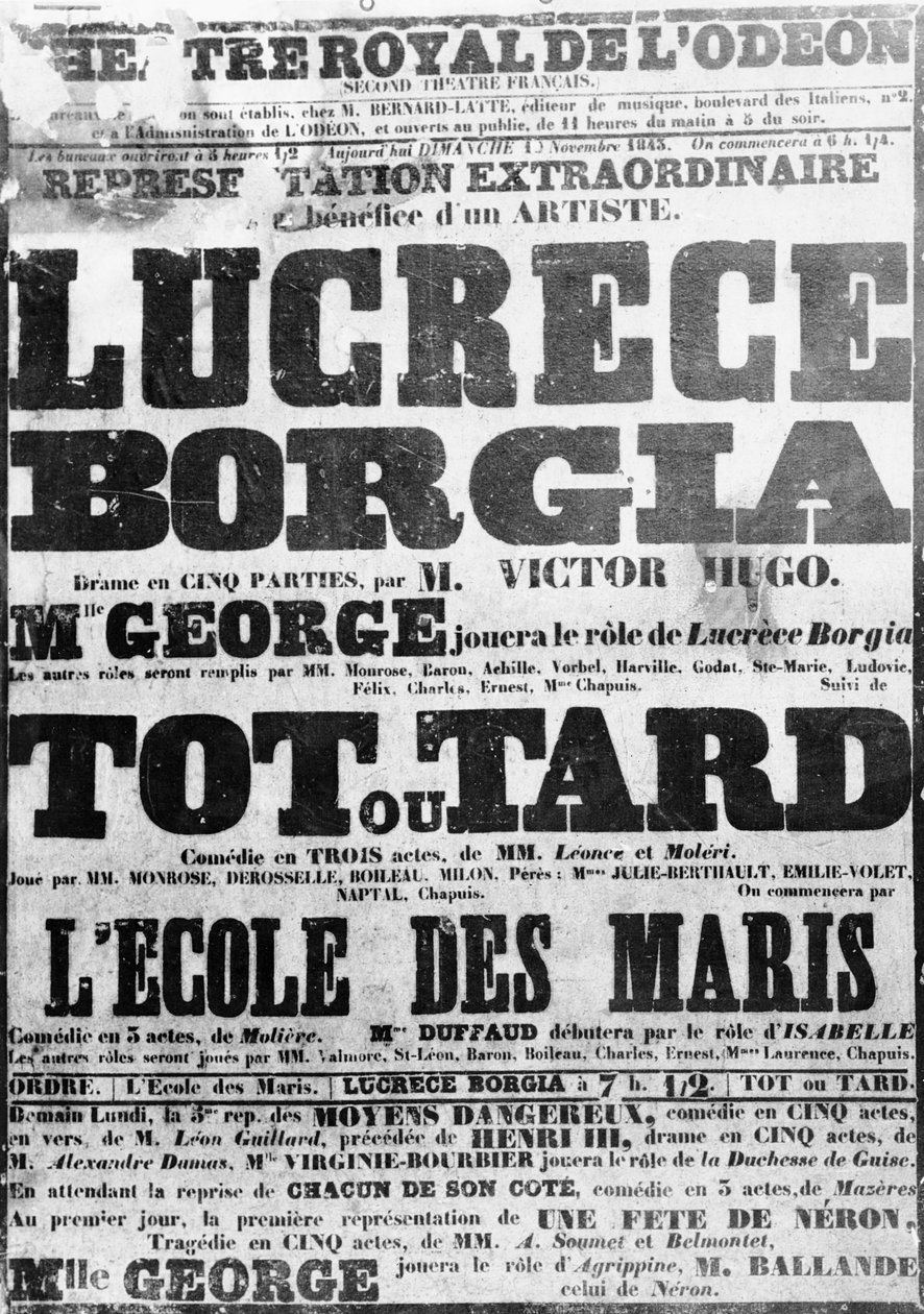Plakat do wykonania Lukrecji Borgii w Odeonie, 1843 autorstwa French School