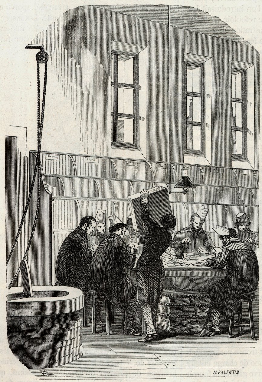 Poczta: Sortowanie listów dla departamentów i zagranicy - Grawerowanie w „Tableau-de-Paris” autorstwa Edmonda Texiera 1852 autorstwa French School