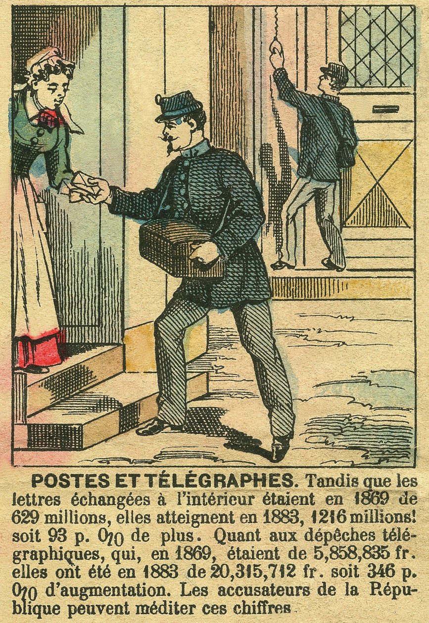 Poczty i telegrafy, obrazujące dobre funkcjonowanie telekomunikacji i poczty dzięki Rzeczypospolitej. Grawer, w „Le Figaro, dodatek””, 30.03.1889, Paryż. Dz. Selva. autorstwa French School