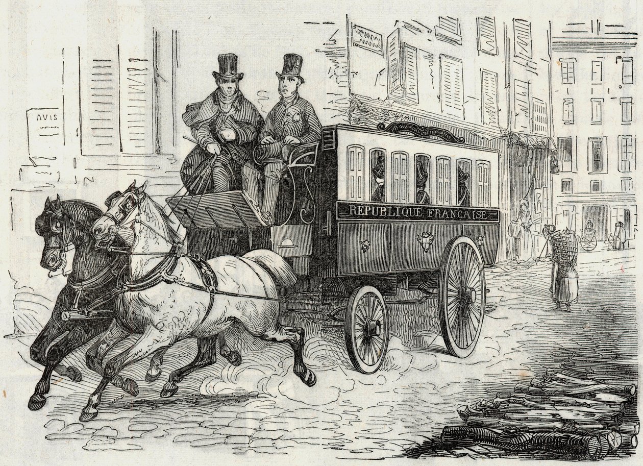 Posty: omnibus listonoszy - Grawerowanie w „Tableau-de-Paris” autorstwa Edmonda Texiera 1852 autorstwa French School