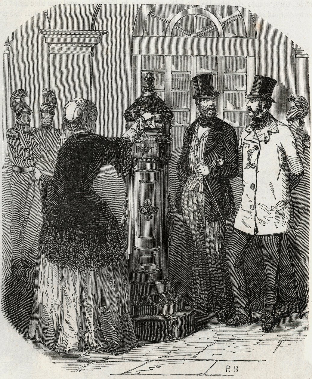 Posty: nowa skrzynka pocztowa - Grawerowanie w „Tableau-de-Paris” autorstwa Edmonda Texiera 1852 autorstwa French School