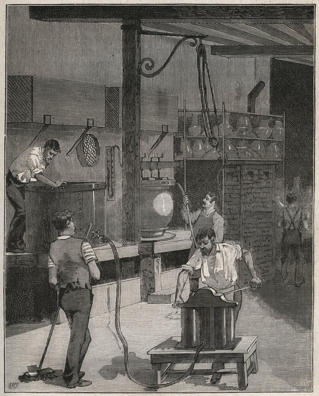 Garncarstwo, Manufaktura de Sevres: Warsztat odlewania próżniowego i sprężonego powietrza. Grawer z 1885 roku w „Les arts et metiers illustres” Adolphe BITARD. autorstwa French School